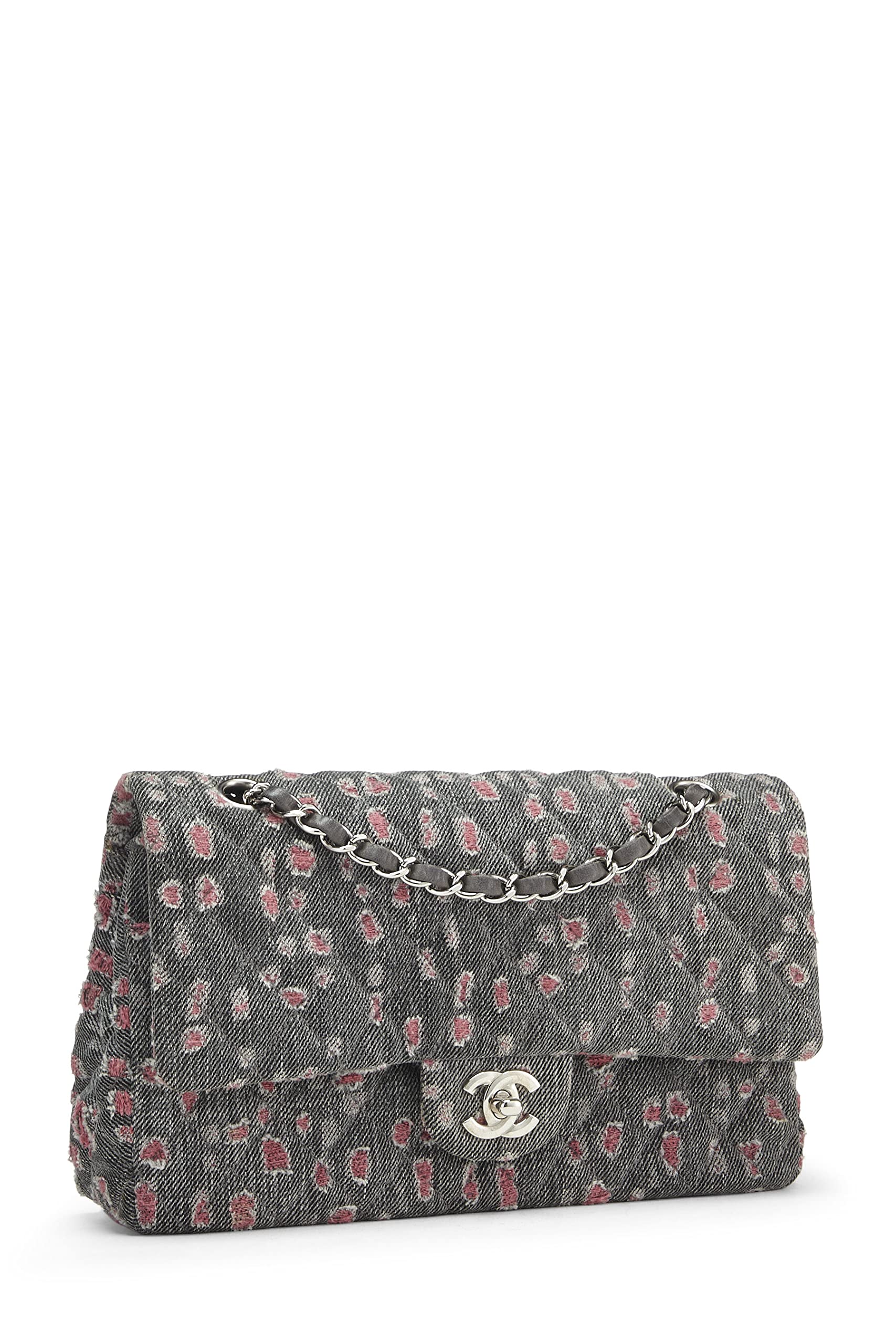 Chanel,  Grey & Pink Distressed Denim Classic Double Flap Medium, Pink