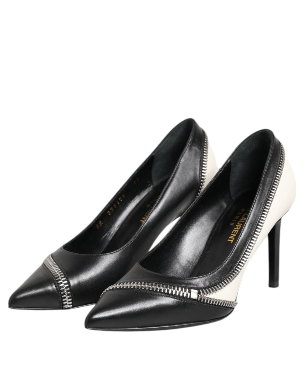 Saint Laurent White Black Leather Pointed Toe Heels Women's Shoes (Pre-Owned)
