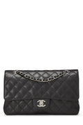 Chanel,  Black Quilted Caviar Classic Double Flap Medium, Black