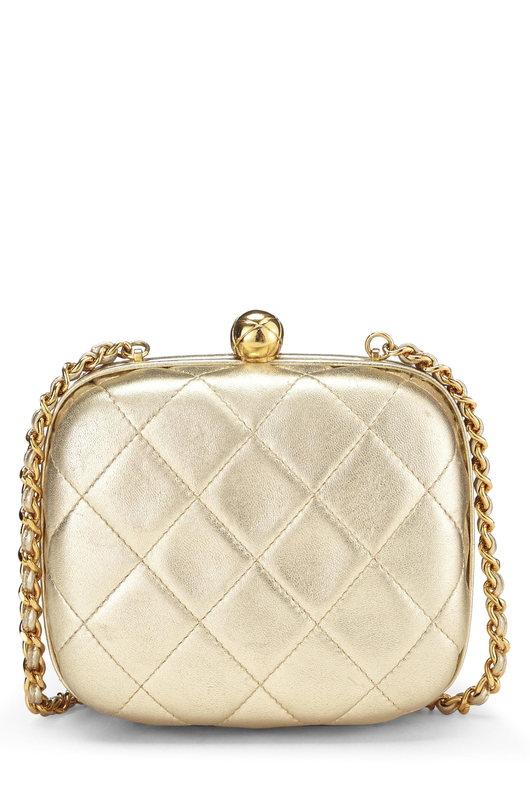 Chanel,  Metallic Gold Quilted Lambskin Kiss Lock Crossbody Bag, Gold