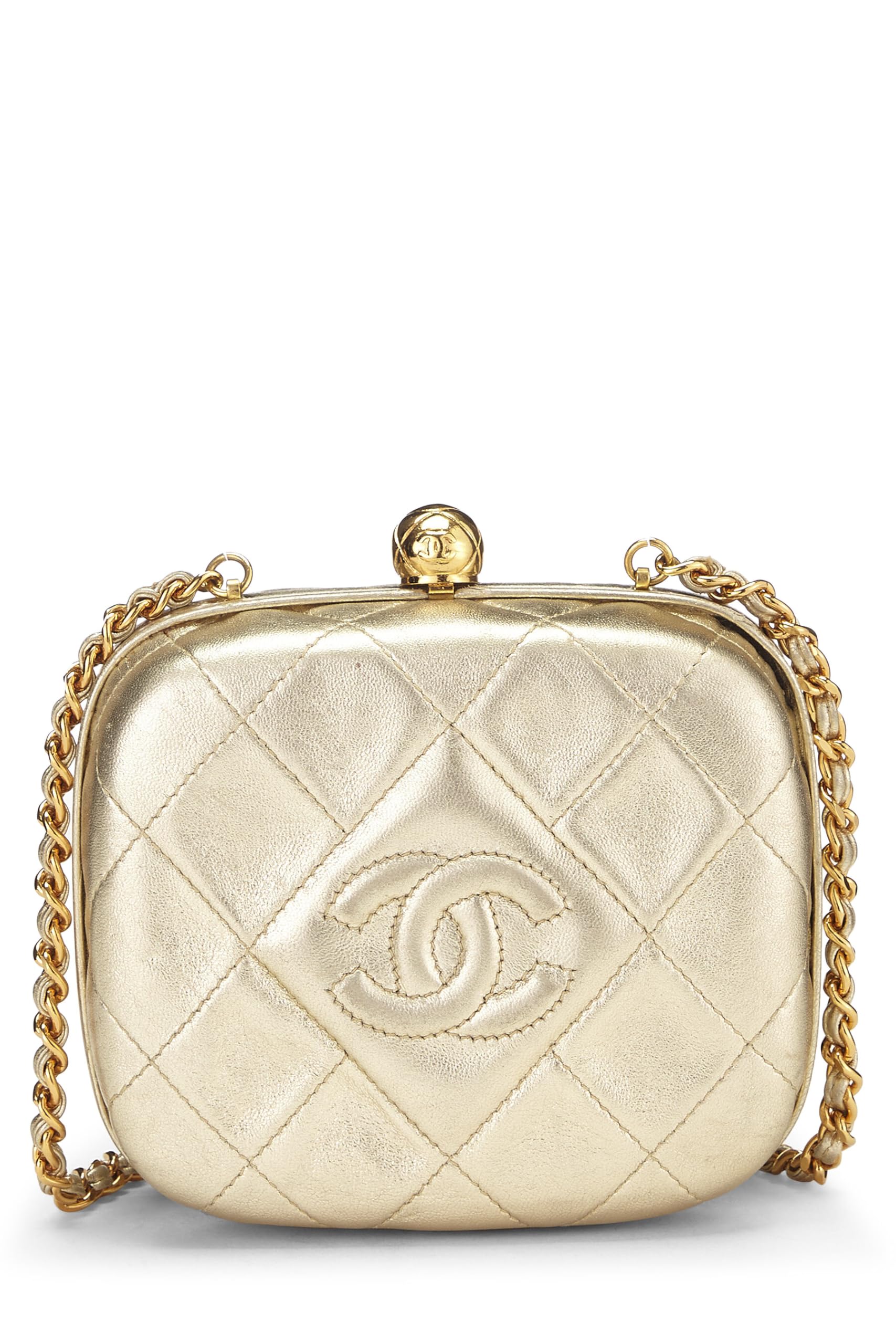 Chanel,  Metallic Gold Quilted Lambskin Kiss Lock Crossbody Bag, Gold