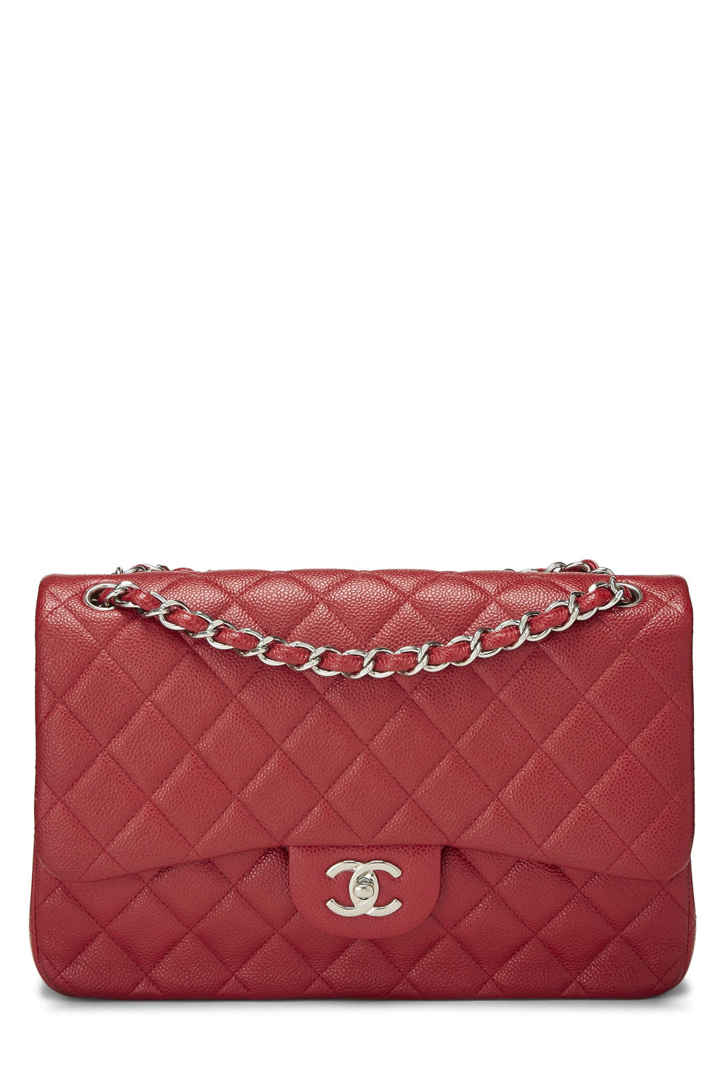 Chanel,  Red Quilted Caviar New Classic Double Flap Jumbo, Red