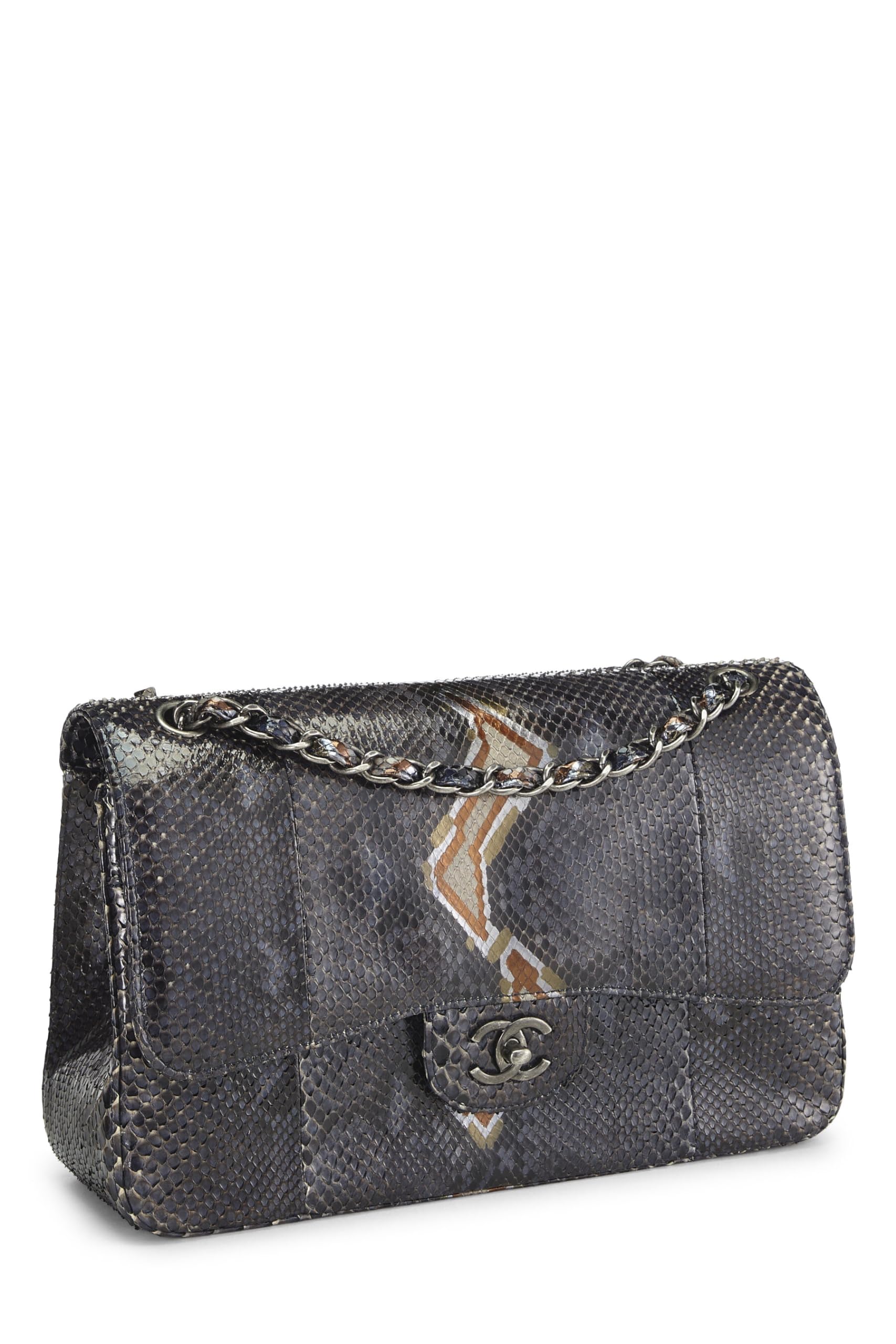 Chanel,  Navy Python New Classic Double Flap Jumbo, Blue