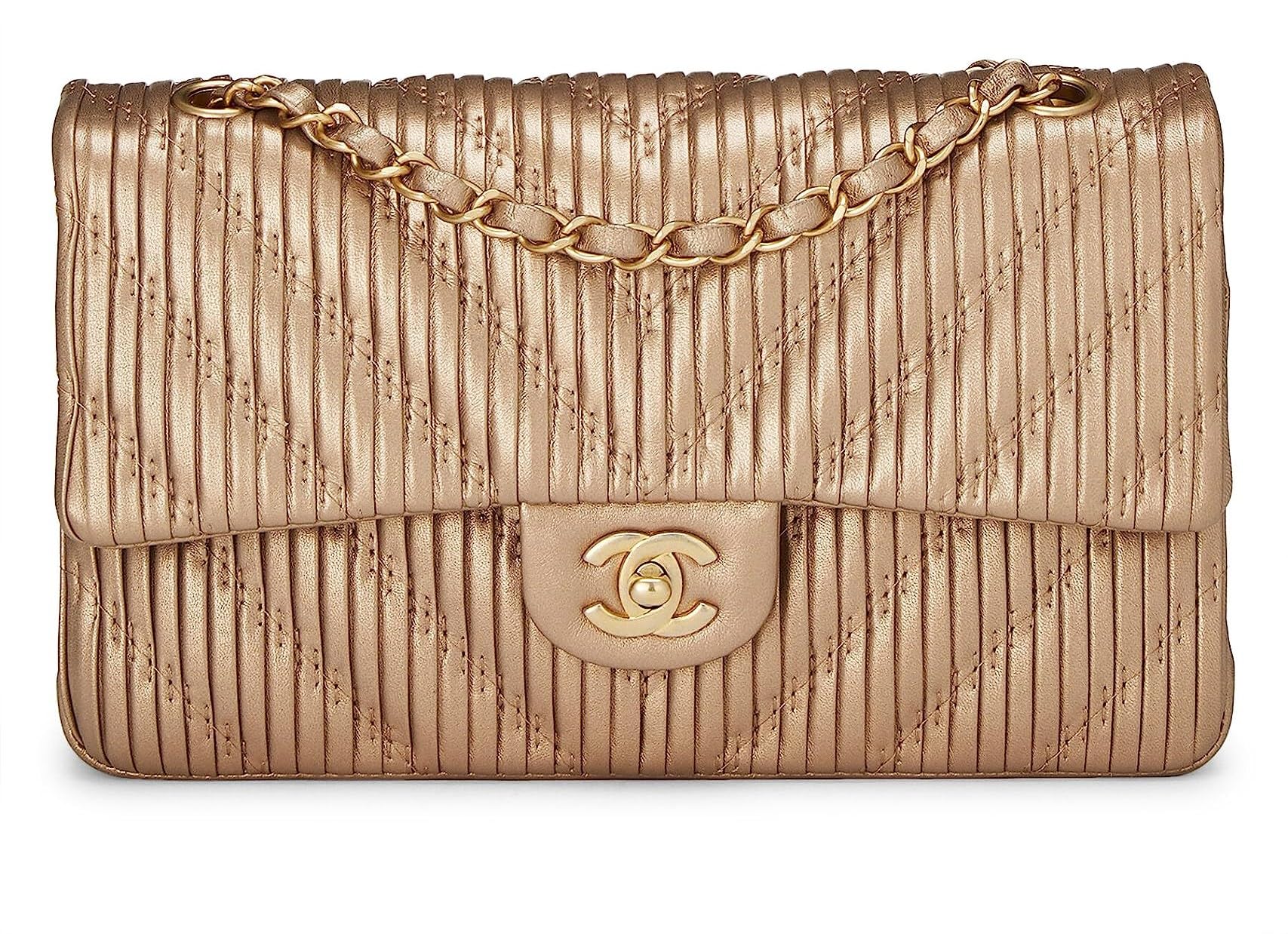 Chanel,  Gold Chevron Pleated Lambskin Classic Double Flap Medium, Gold