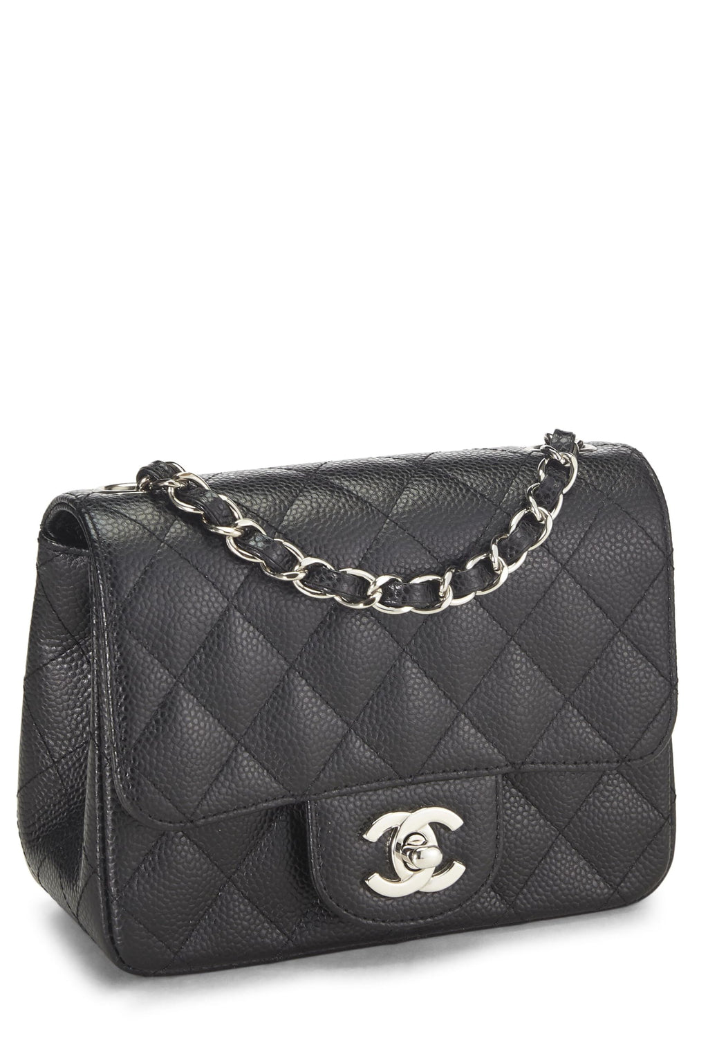 Chanel,  Black Quilted Caviar Classic Square Flap Mini, Black