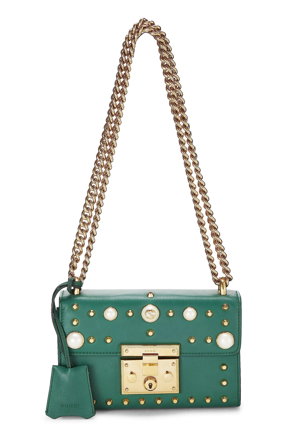 Gucci,  Green Leather Studded Padlock Shoulder Bag Small, Green