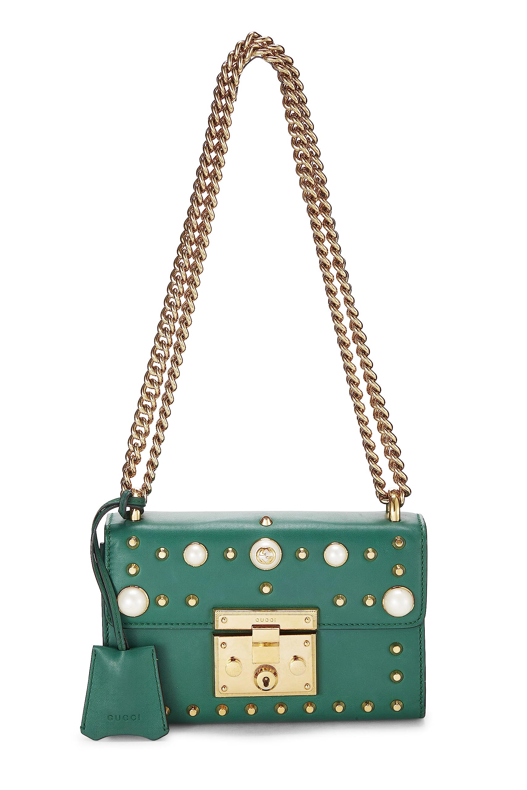 Gucci,  Green Leather Studded Padlock Shoulder Bag Small, Green