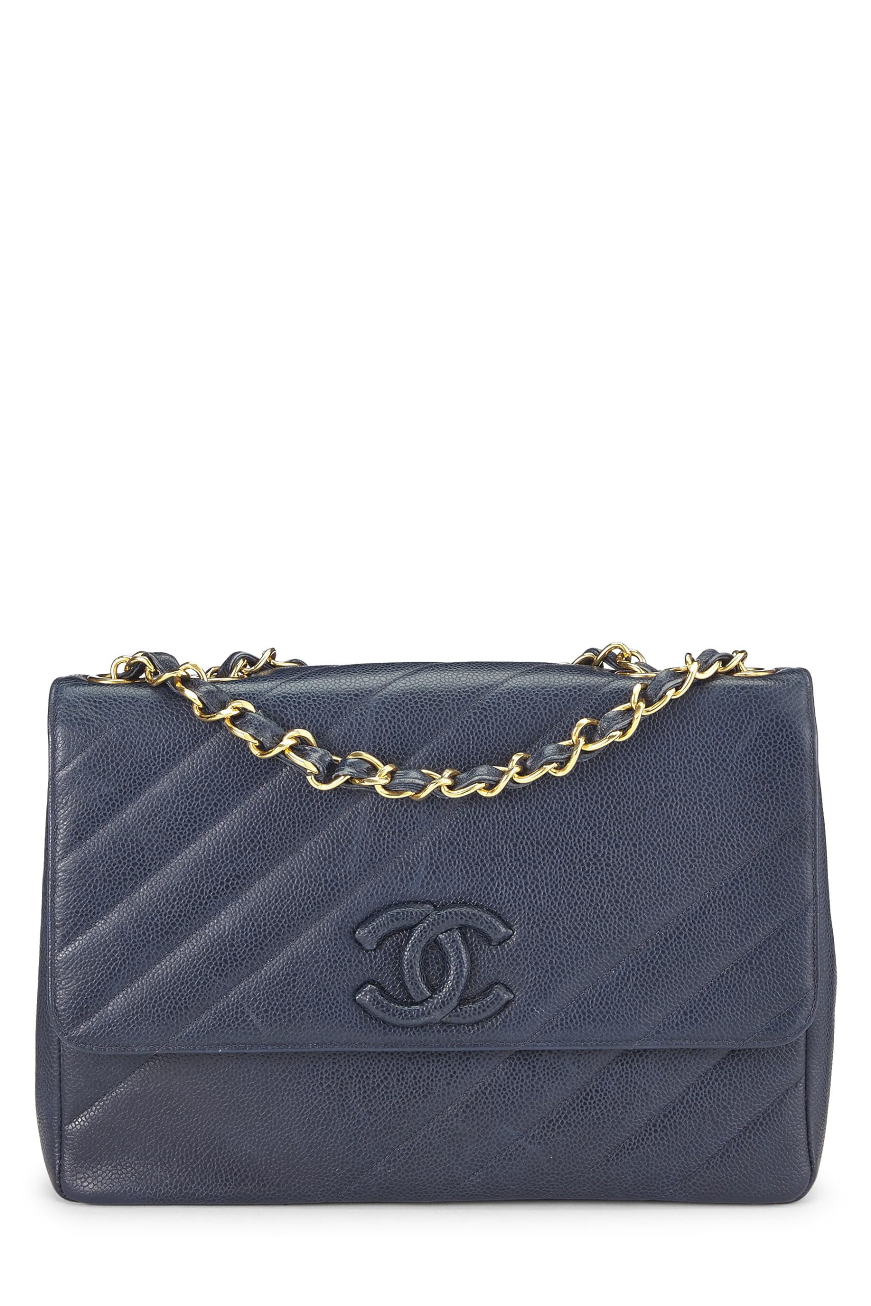 Chanel,  Navy Caviar Diagonal Quilted Shoulder Bag Jumbo, Navy