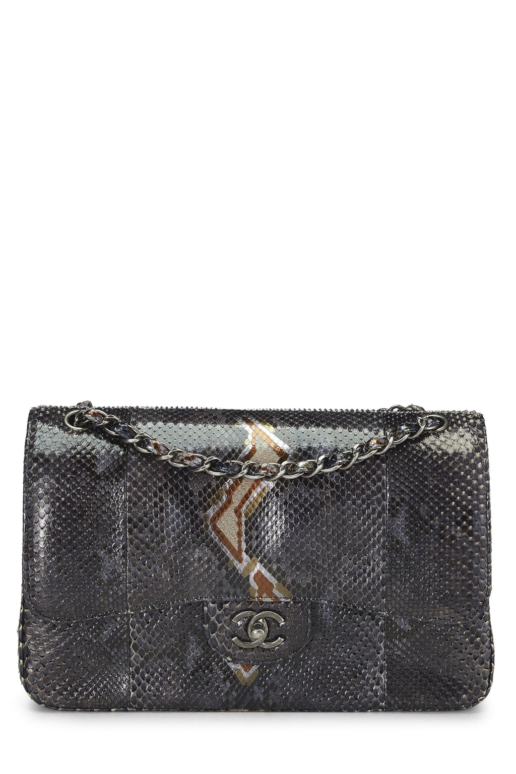 Chanel,  Navy Python New Classic Double Flap Jumbo, Blue