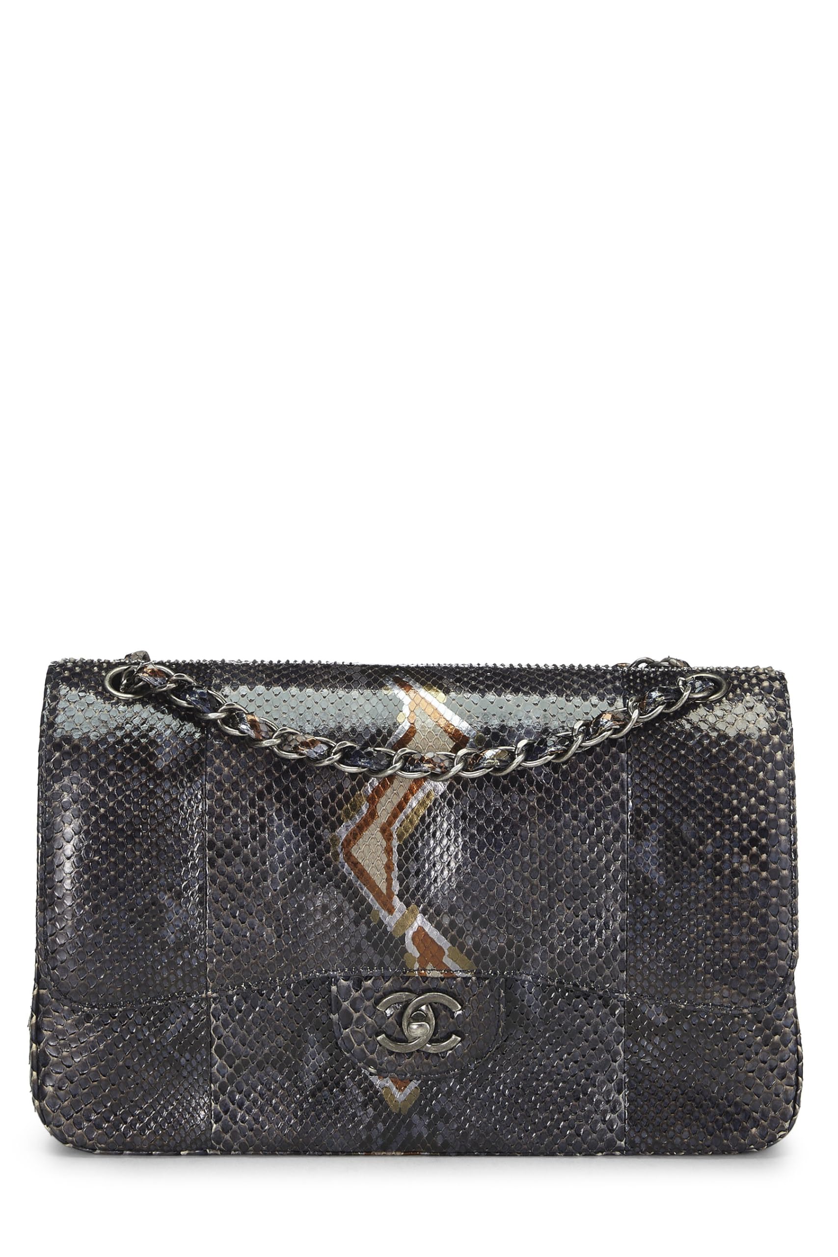 Chanel,  Navy Python New Classic Double Flap Jumbo, Blue