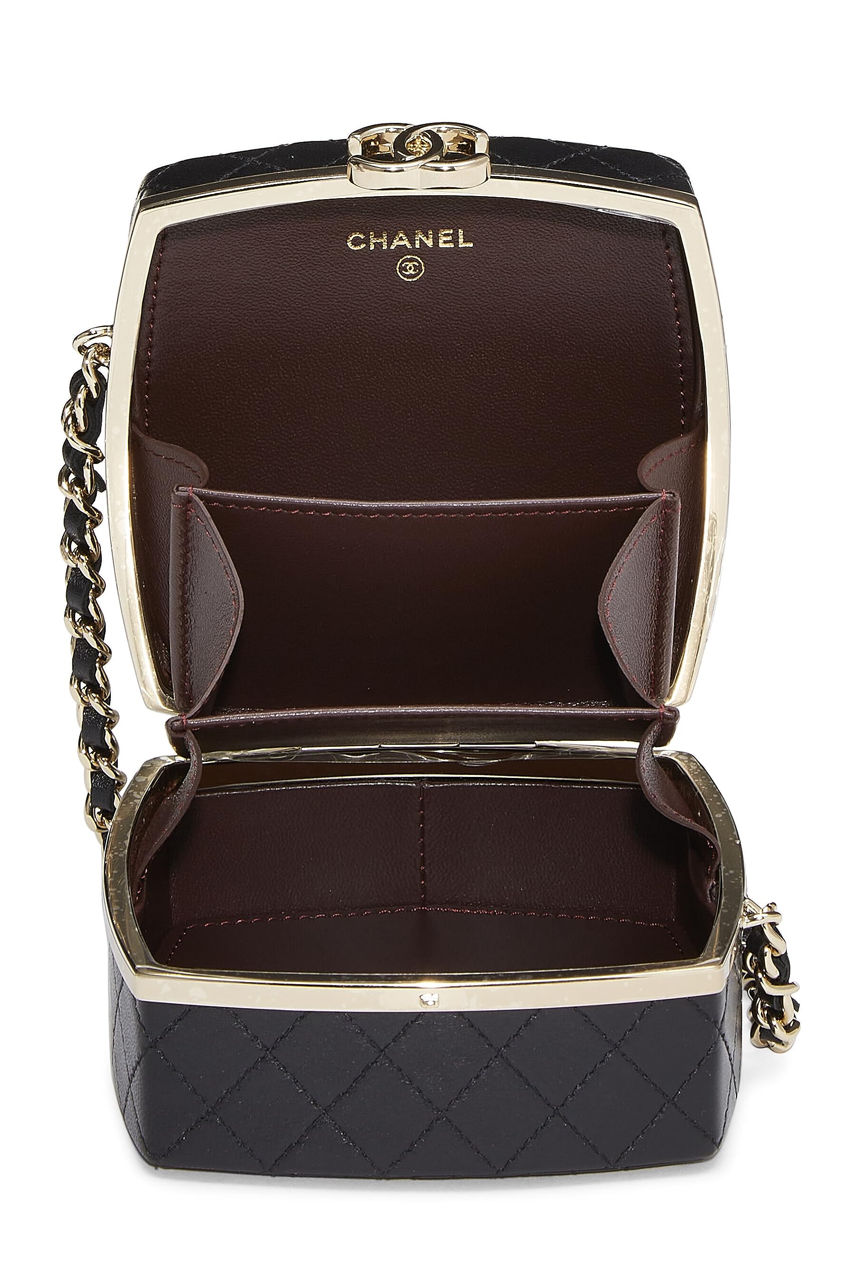 Chanel,  Black Lambskin Powder Clutch On Chain, Black