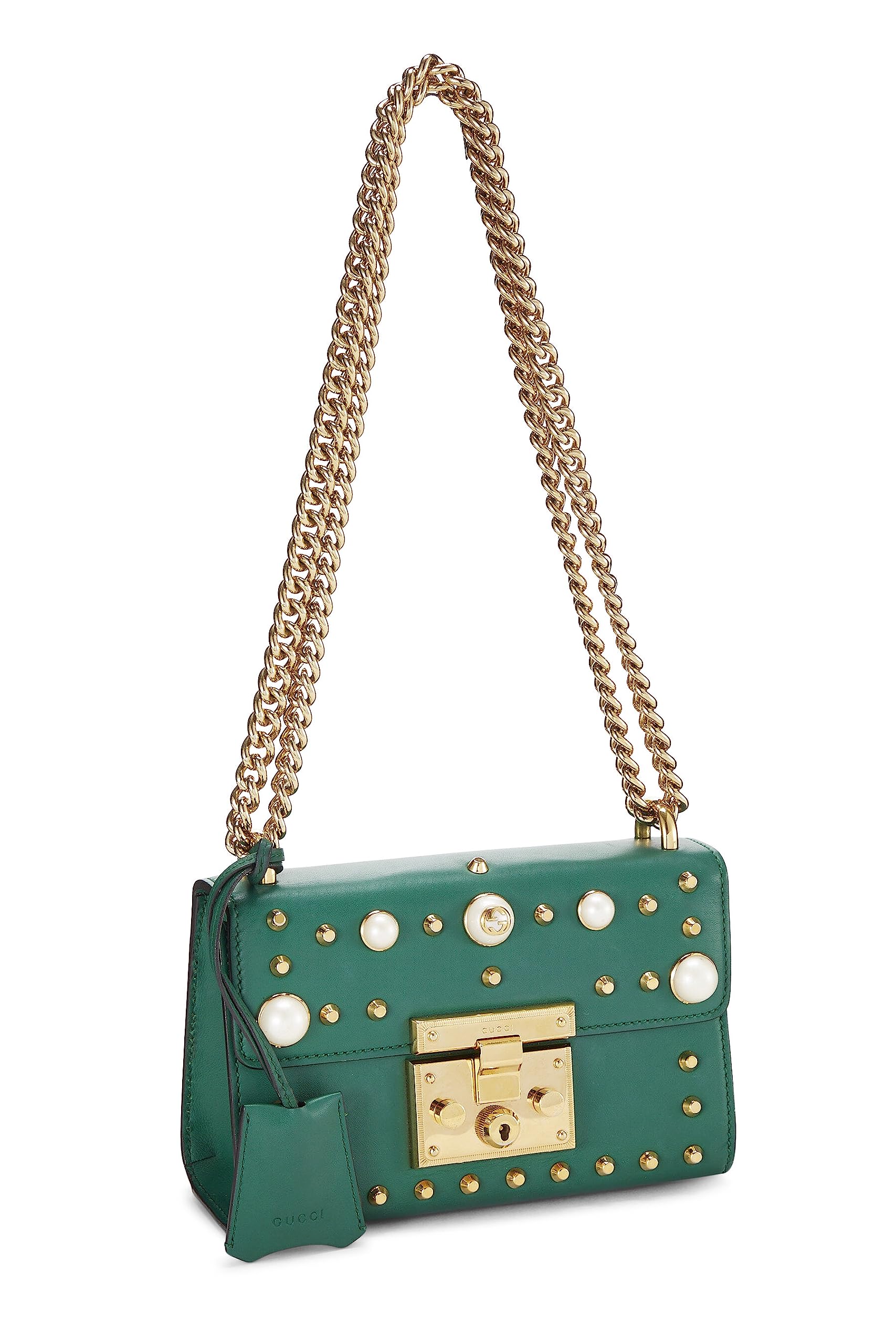 Gucci,  Green Leather Studded Padlock Shoulder Bag Small, Green