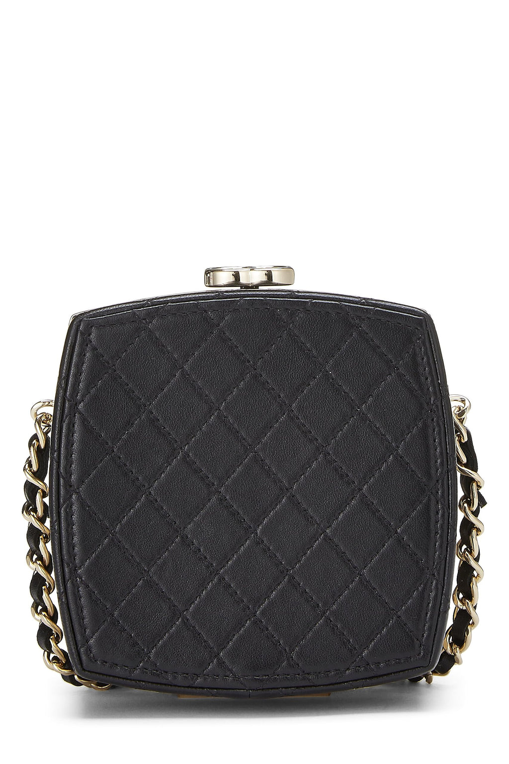 Chanel,  Black Lambskin Powder Clutch On Chain, Black