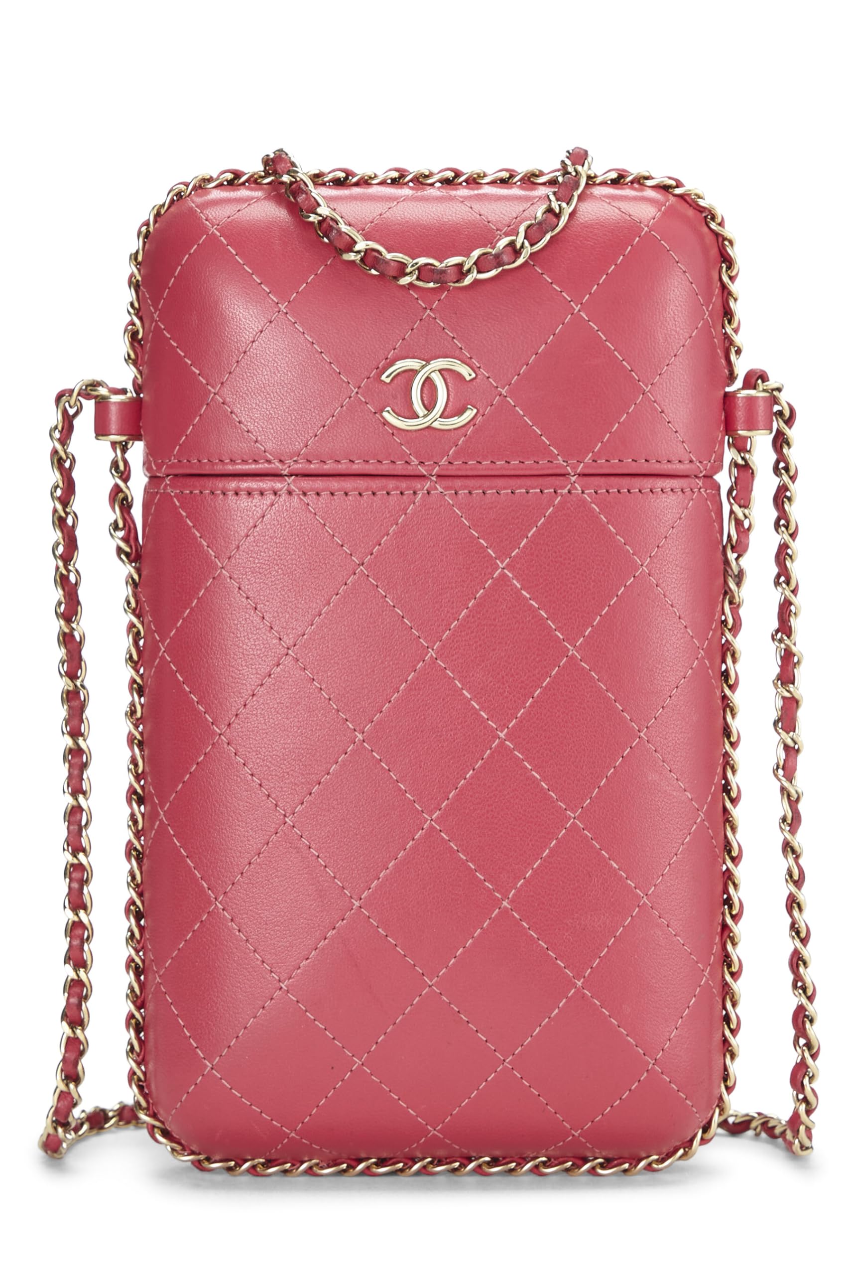 Chanel,  Pink Calfskin Crossbody Chain Phone Holder, Pink