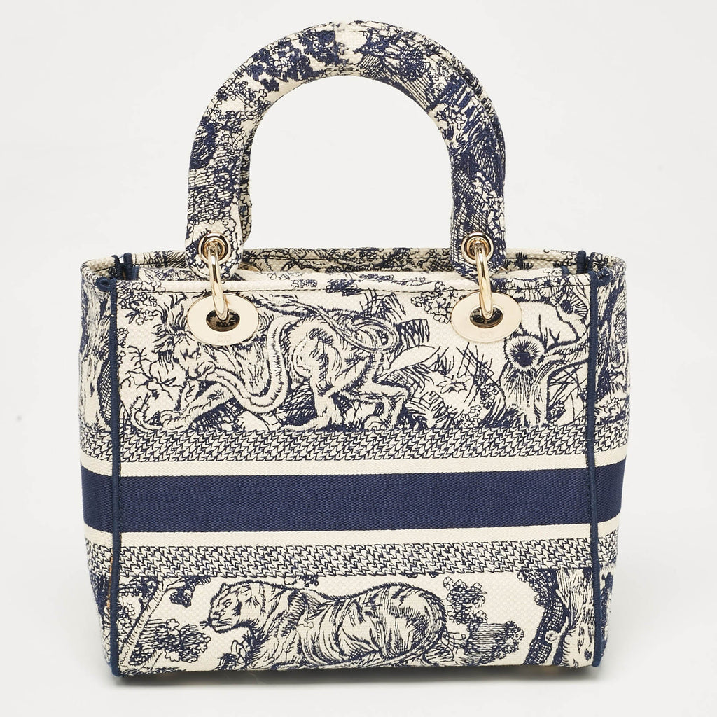 Dior Blue/blue Embroidered Canvas Medium Toile De Jouy Lady D-Lite Tote