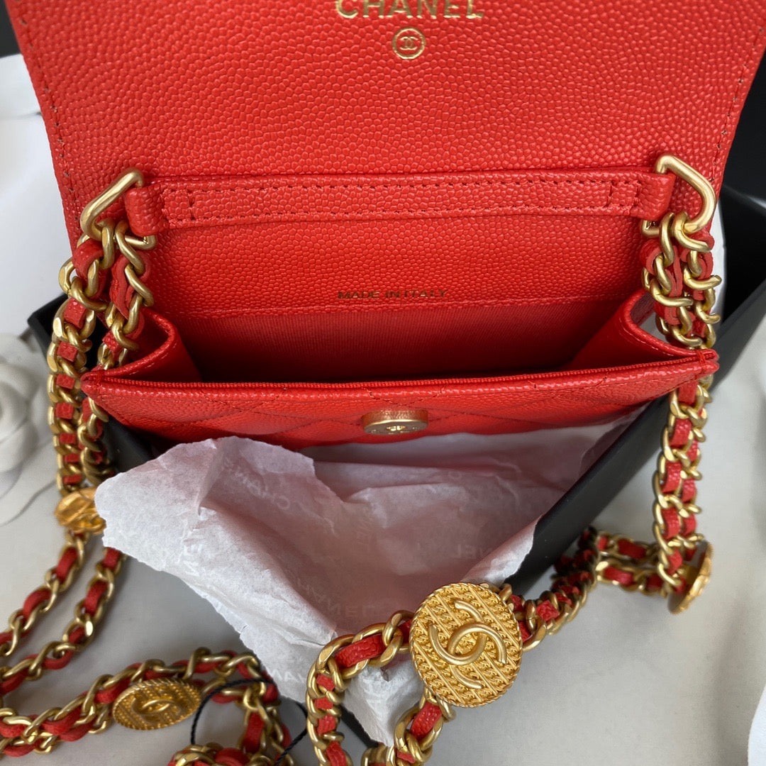 Chanel Clutch With Chain Gold Hardware Grained Shinny Red For Women Handbags, Shoulder Bags 4.7in/12cm AP2857
