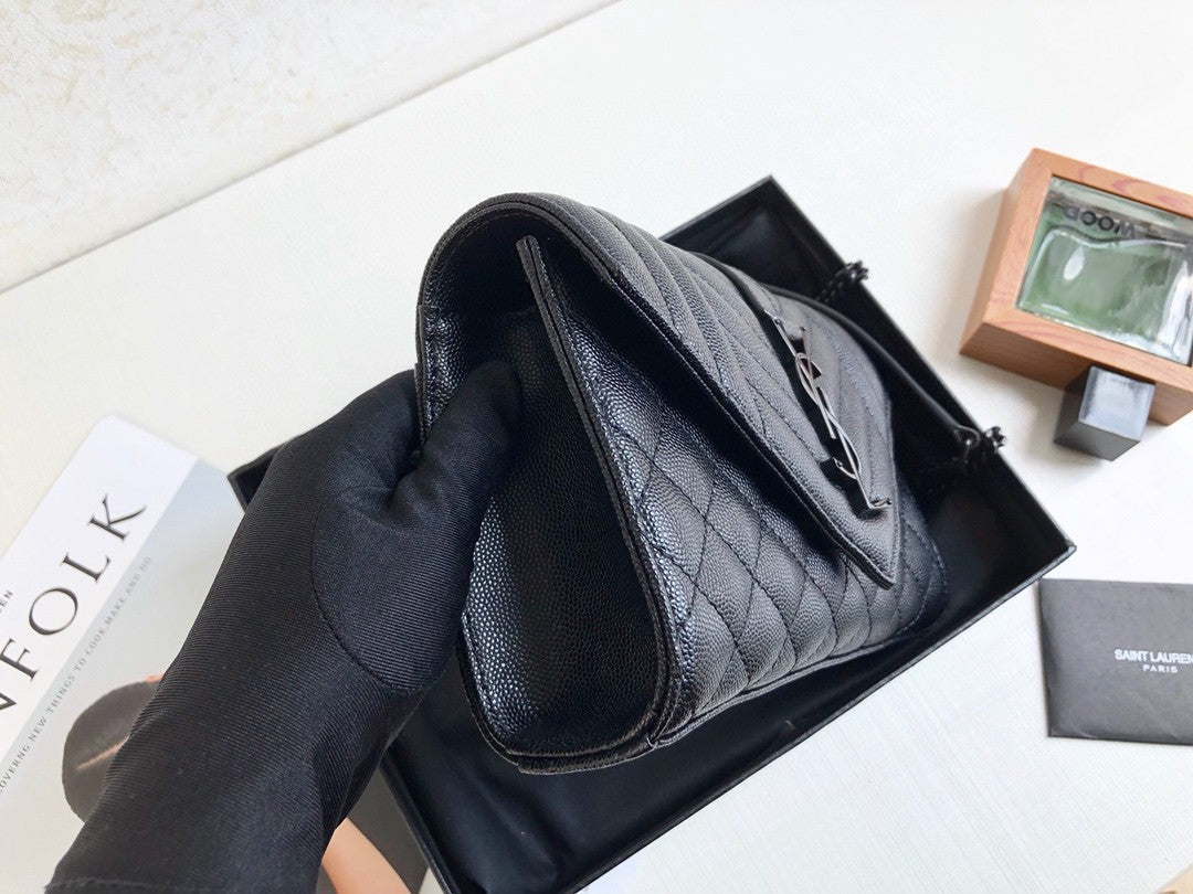 Top Quality Envelope Small Bag In Mix MatelassÃ© Grain De Poudre Black For Women 8.2in/21cm YSL 600195BOW981000