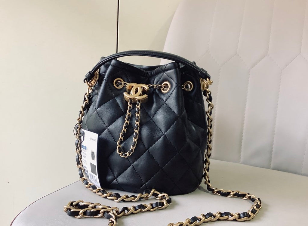 Chanel Classic Bucket Bag Gold Toned Hardware Black For Women 7.8in/20cm
