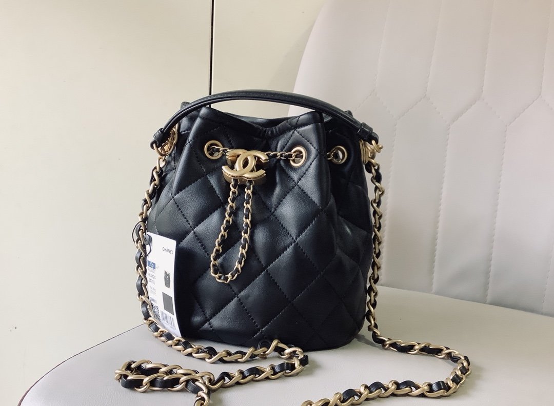Chanel Classic Bucket Bag Gold Toned Hardware Black For Women 7.8in/20cm