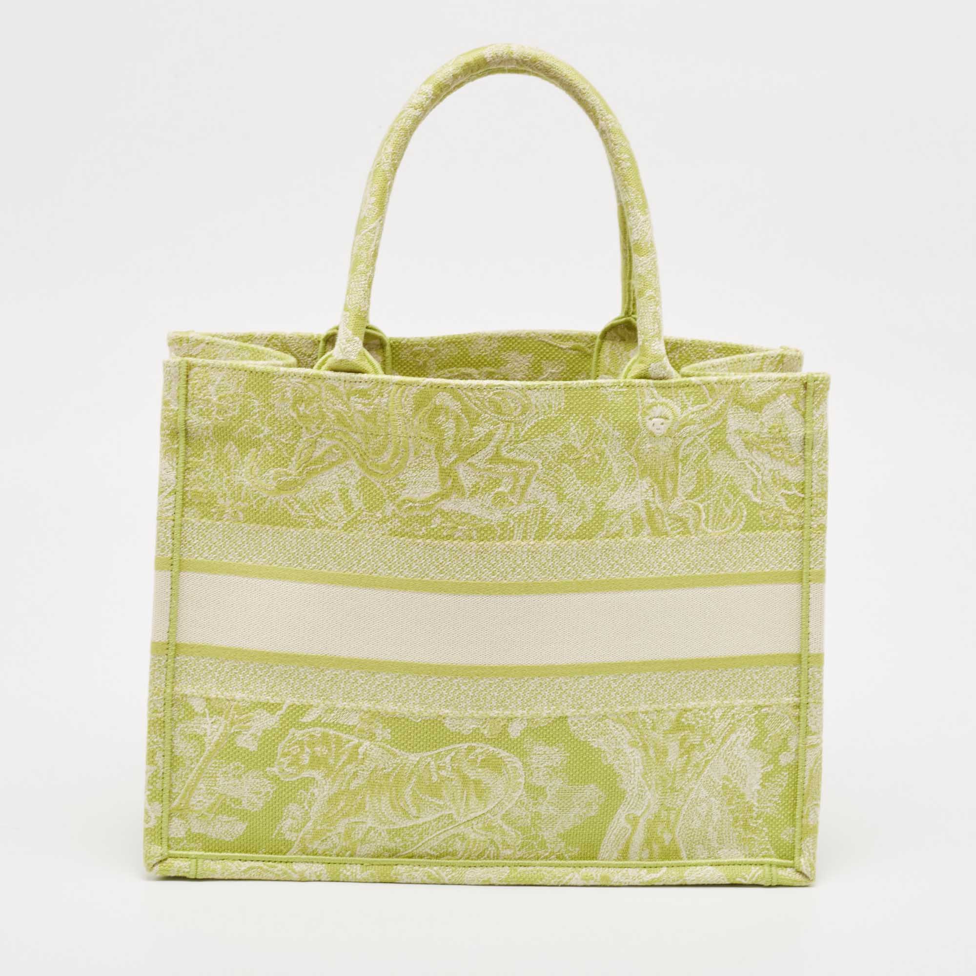 Dior Green/white Embroidered Canvas Medium Toile De Jouy Book Tote