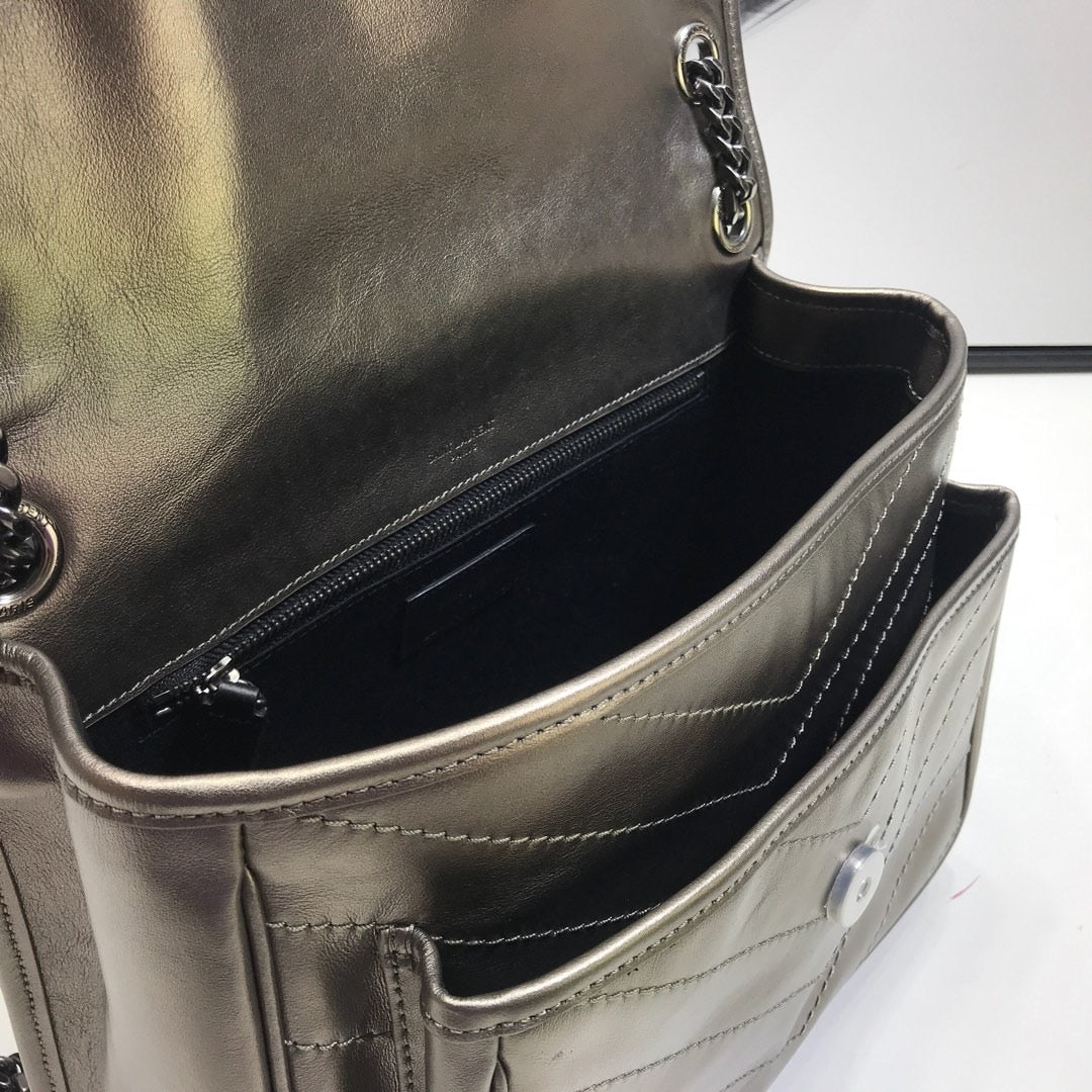 YSSL Niki Medium Chain Bag In Crinkled Â Silver For Women 11in/28cm YSLÂ 