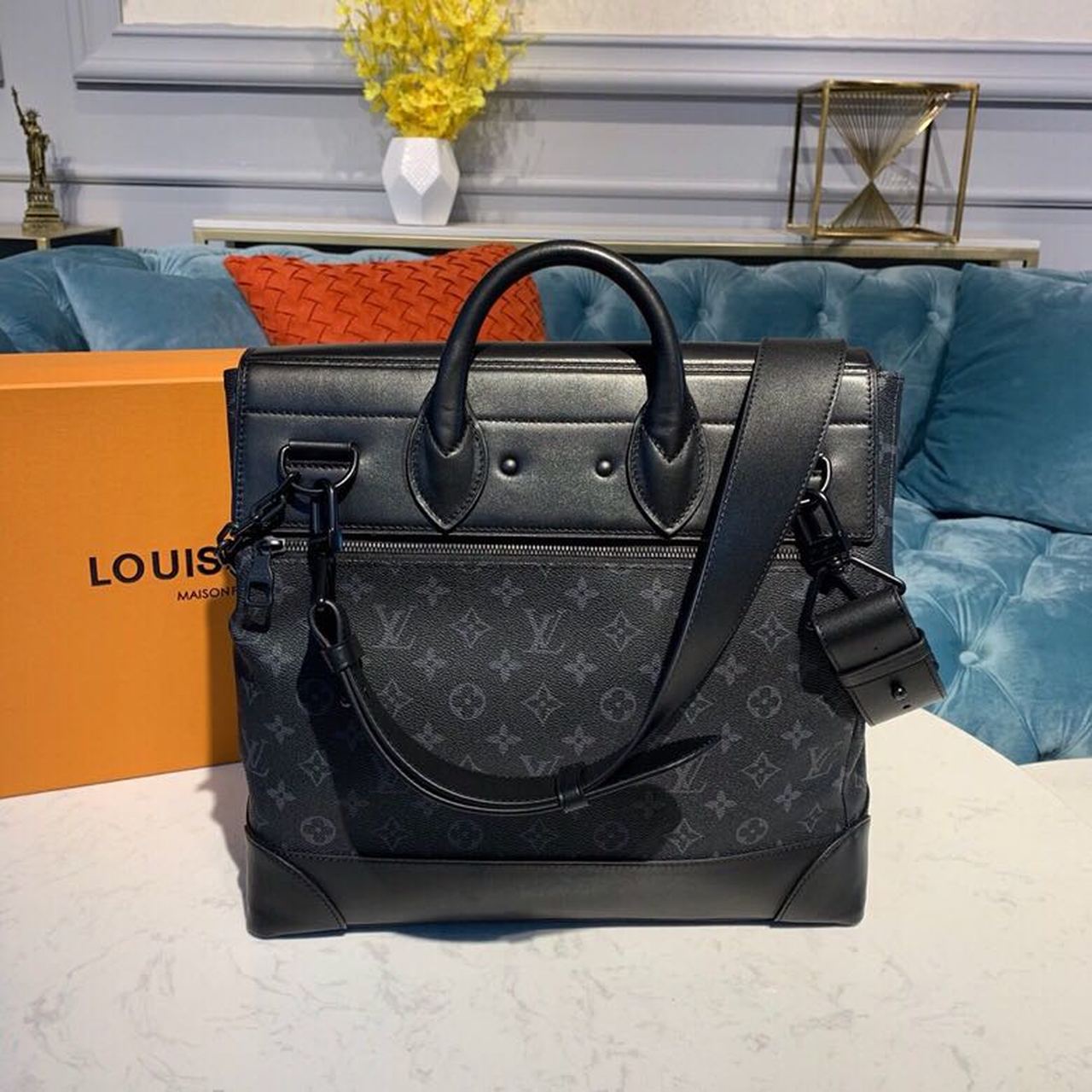 Louis Vuitton Steamer PM Monogram Eclipse Canvas By Virgil Abloh For Men, Handbags, Shoulder And Crossbody Bags 13.8in/35cm Louis Vuitton M44731