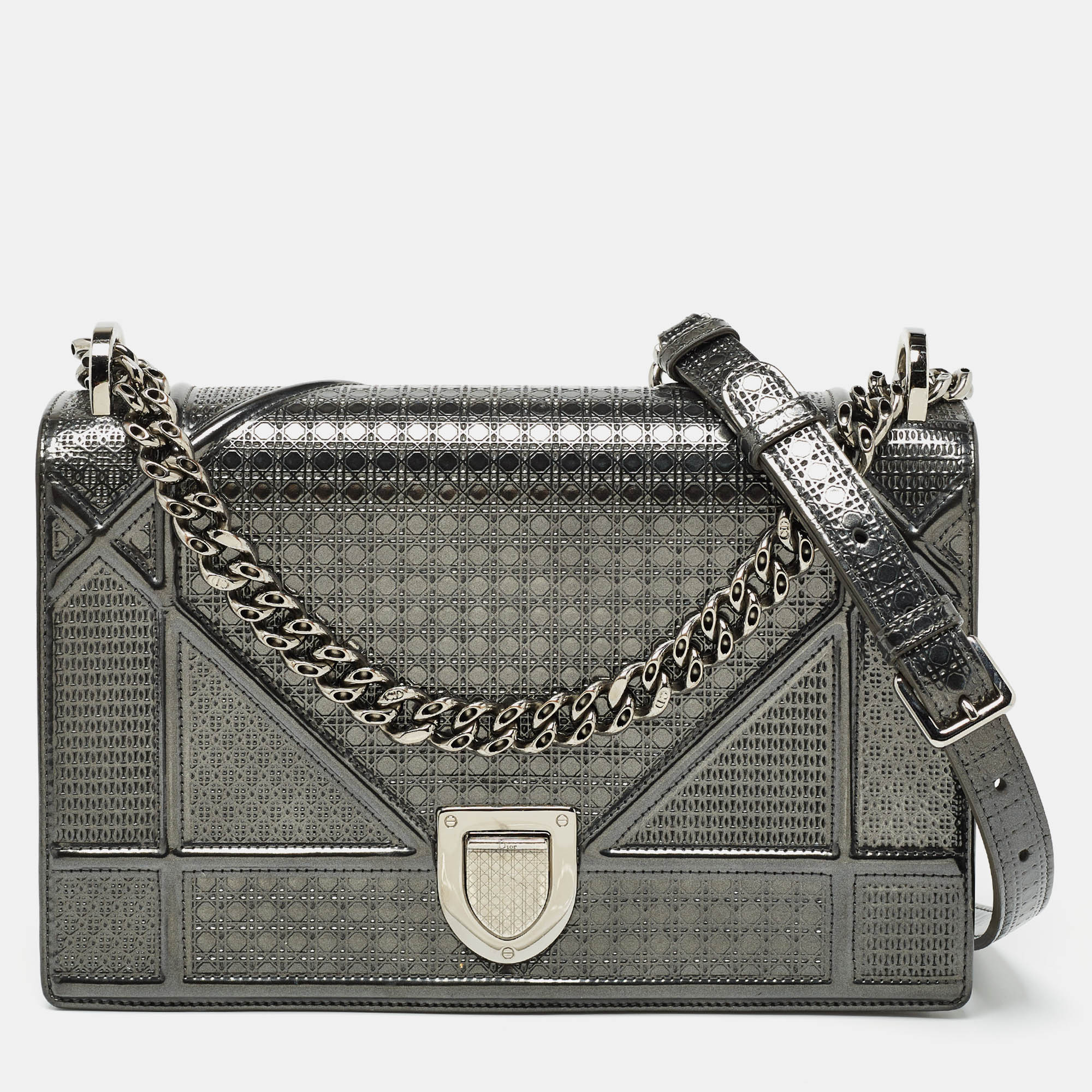 Grey  Leather Medium Diorama Shoulder Bag