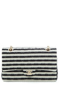 Chanel Beige & Black Classic Double Flap Quilted Striped Canvas Med Cross-Body