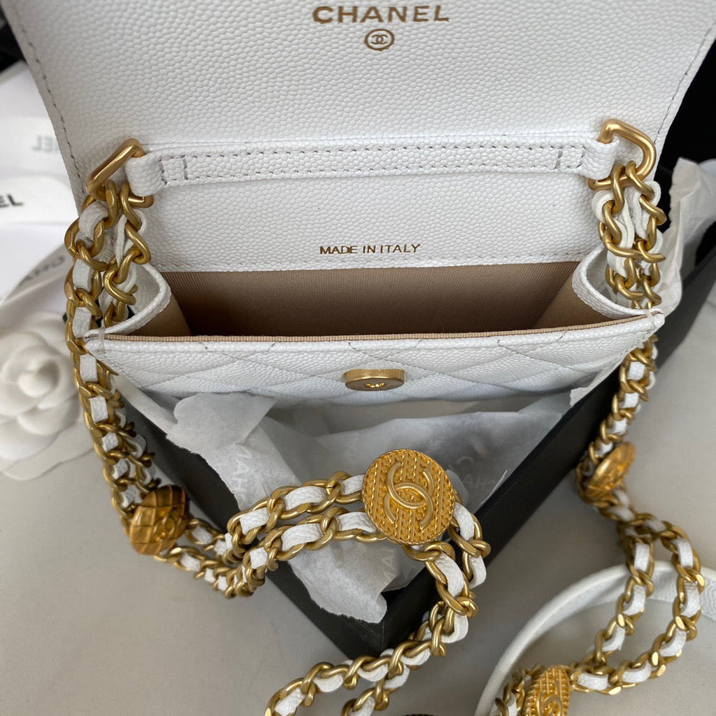 Chanel Clutch With Chain Gold Hardware Grained Shinny White For Women Handbags, Shoulder Bags 4.7in/12cm AP2857