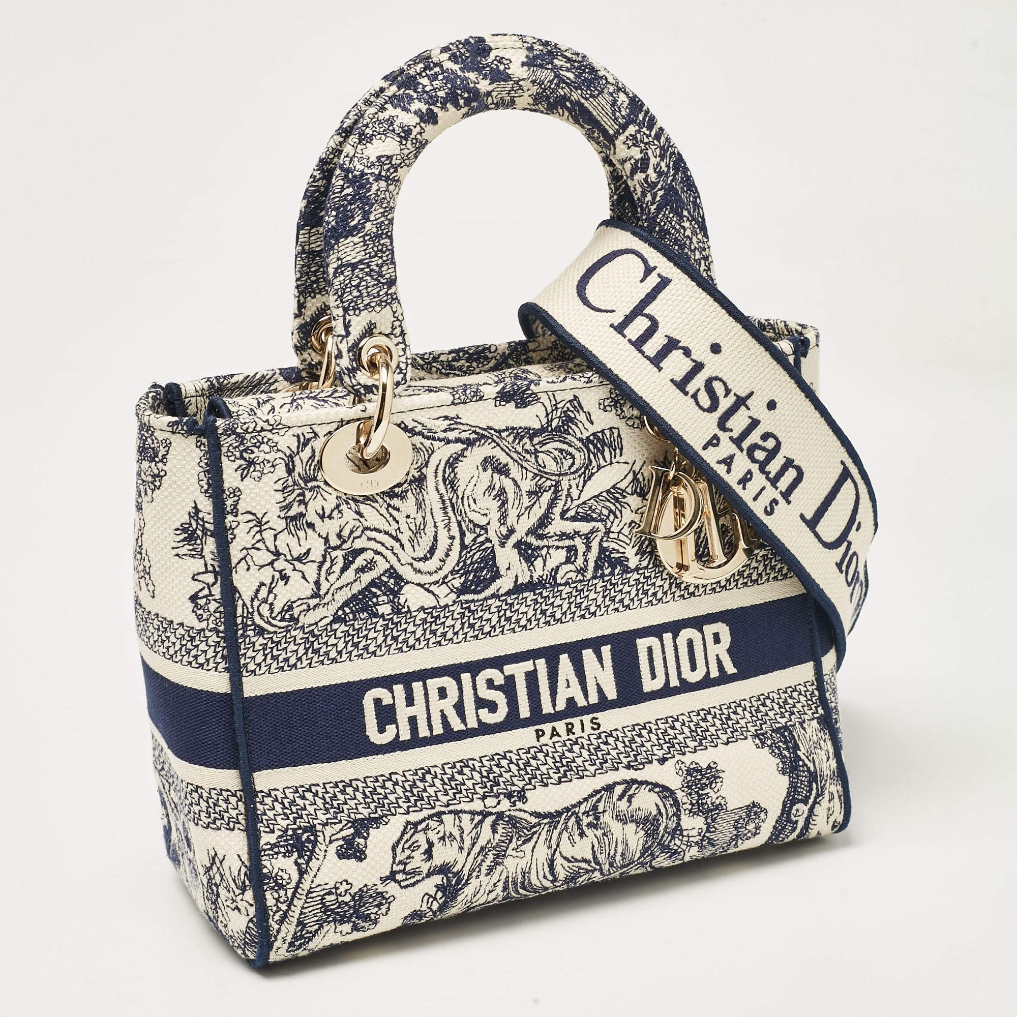 Dior Blue/blue Embroidered Canvas Medium Toile De Jouy Lady D-Lite Tote