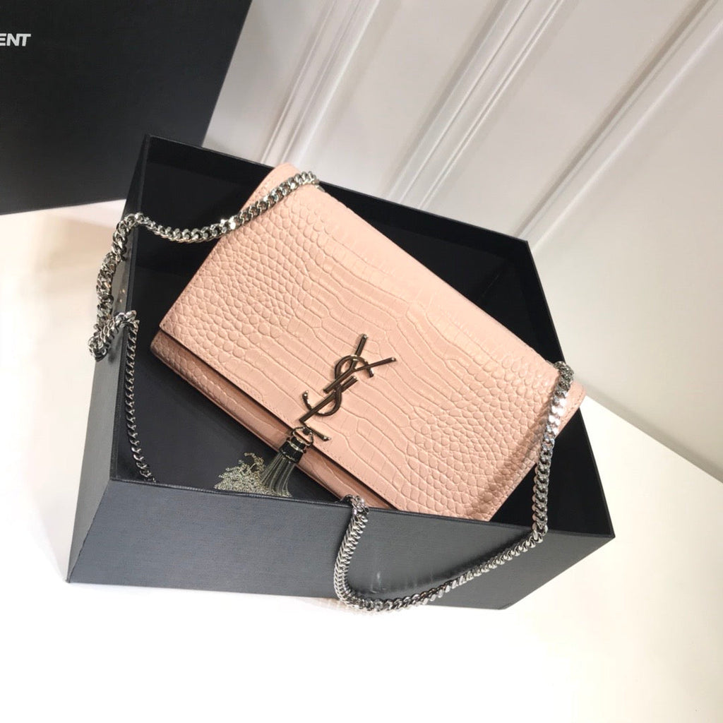 YSSL Kate Medium Chain Bag With Tassel In Embossed Crocodile Dark Beige For Women 9in/24cm YSL