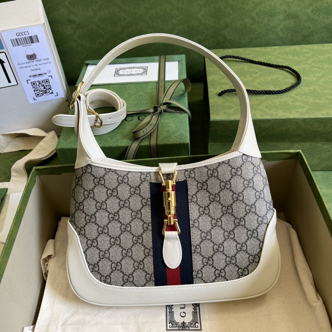 Gucci Jackie 1961 Small Shoulder Bag Beige And Ebony Gucci Supreme Canvas For Women 11in/28cm 636706 HUHHG 9794