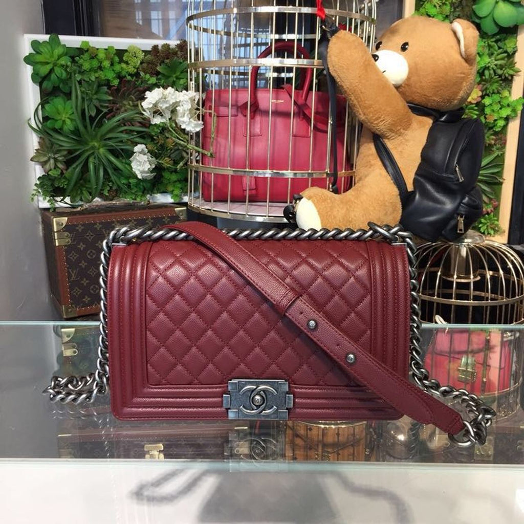 Chanel Boy Handbag SiLouis Vuittoner Hardware Burgundy For Women, Women’s Bags, Shoulder And Crossbody Bags 9.8in/25cm A67086