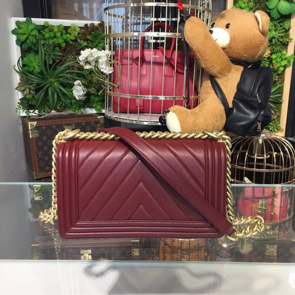 Chanel Boy Handbag Gold Toned Hardware Burgundy For Women Bags, Shoulder And Crossbody Bags 9.8in/25cm A67086