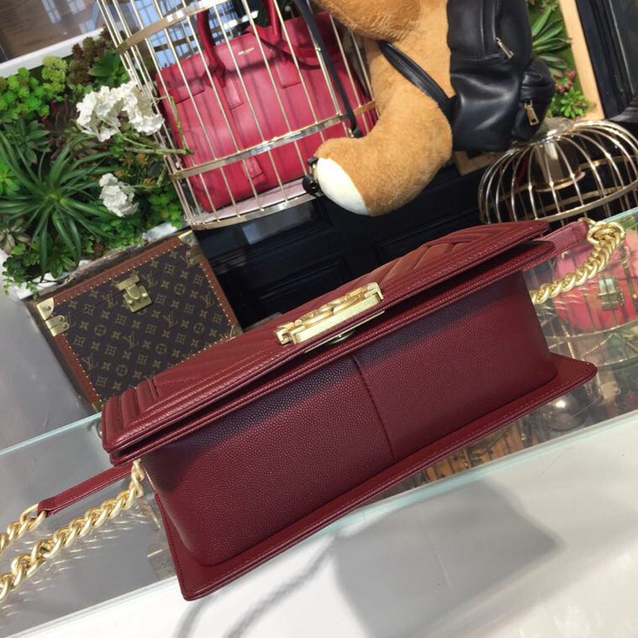 Chanel Boy Handbag Gold Toned Hardware Burgundy For Women Bags, Shoulder And Crossbody Bags 9.8in/25cm A67086
