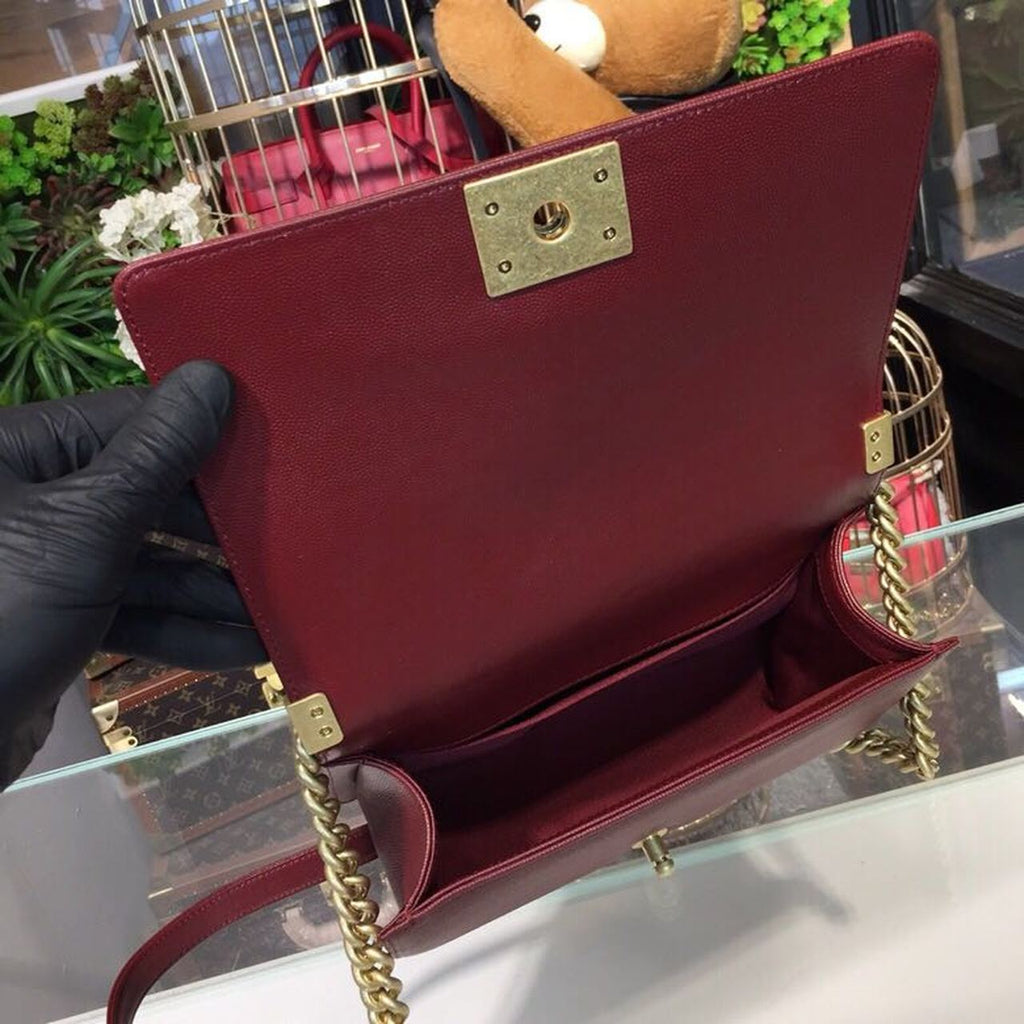 Chanel Boy Handbag Gold Toned Hardware Burgundy For Women Bags, Shoulder And Crossbody Bags 9.8in/25cm A67086