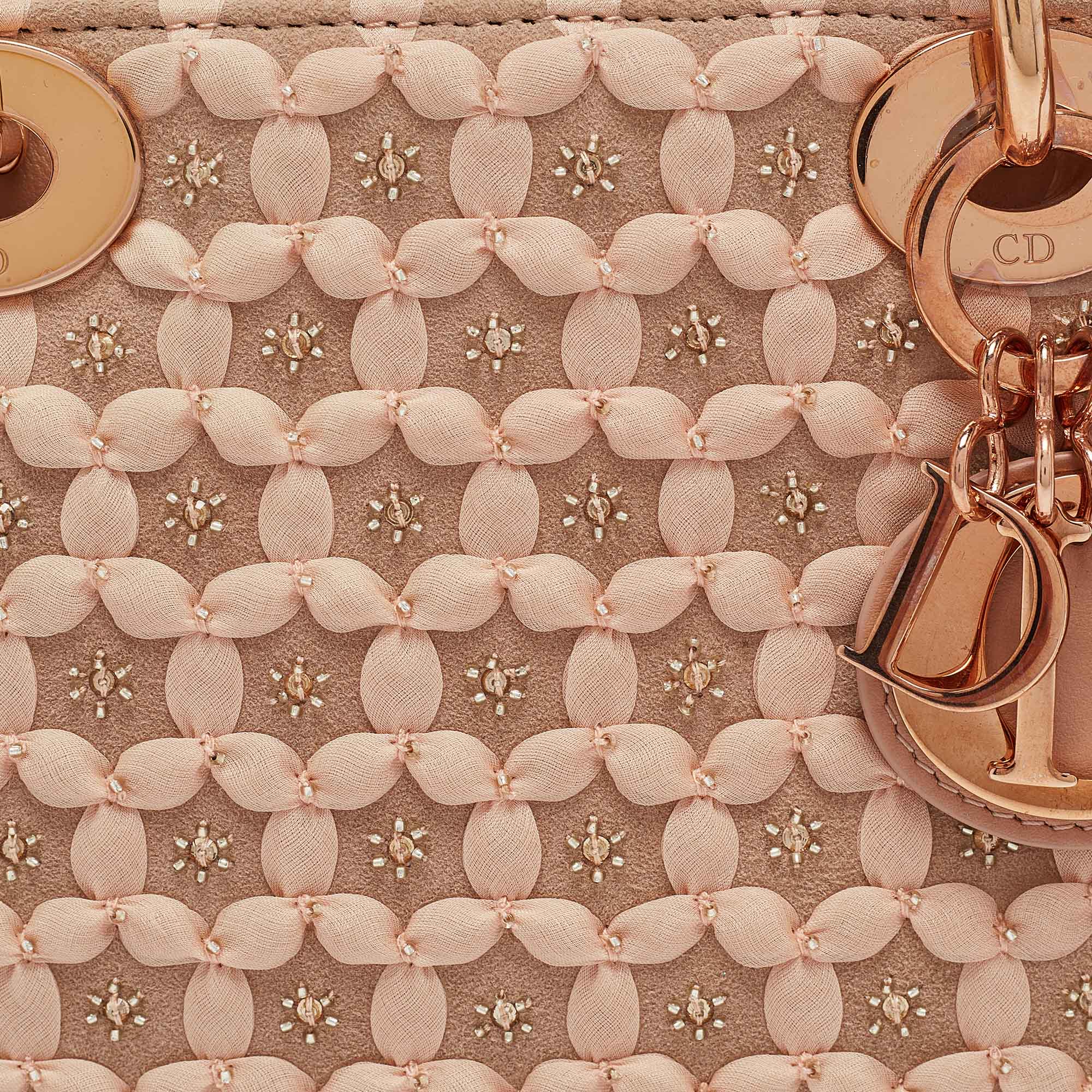 Dior Peach Leather And Suede Mini Beaded Ribbon Lady Dior Tote