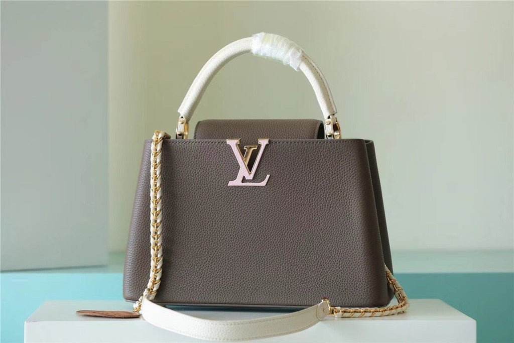 Louis Vuitton Capucines MM Taurillon Smokey Brown Green/ Creme/ Pink For Women,  Shoulder And Crossbody Bags 31.5cm/12.4in Louis Vuitton M59516