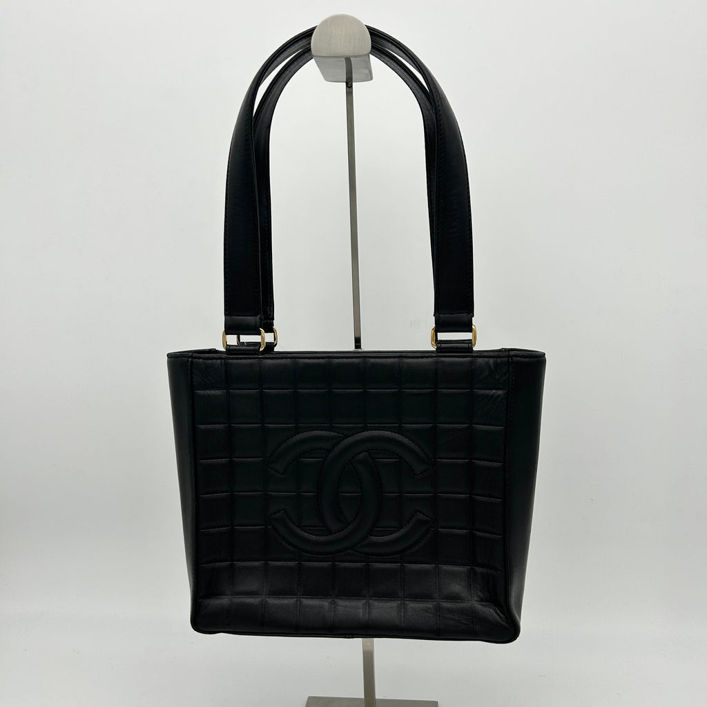 CHANEL Chocolate Bar Coco Mark Tote Bag Shoulder Leather Black WD529726