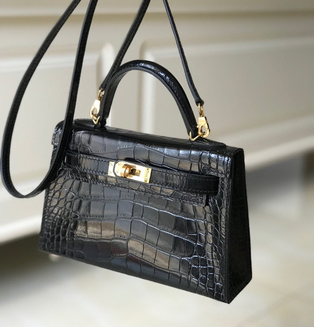 Mini Kelly 19 Black CrocoGLAMIle Bag For Women, Handbags, Shoulder Bags 7.5in/19cm