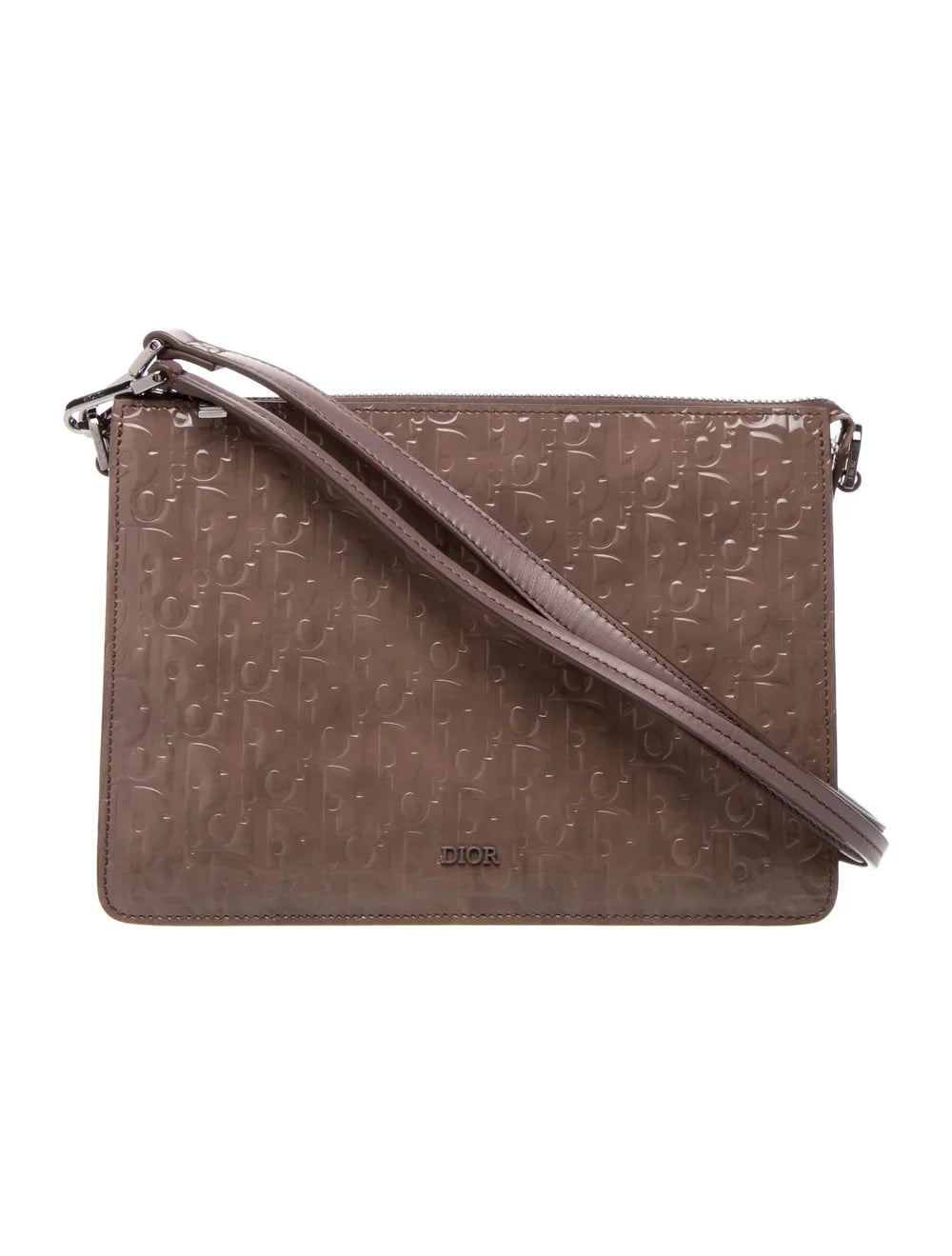 Christian Dior Hand Monogram Oblique Glossy Gray Patent_Leather Clutche & Pouche Bag (Pre-Owned)
