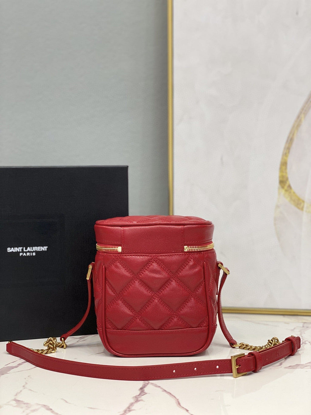 YSSL 80’s Vanity Bag In CarrÃ©-Quilted Grain De Poudre Red For Women 6in/16.5cm YSL 649779DME276805