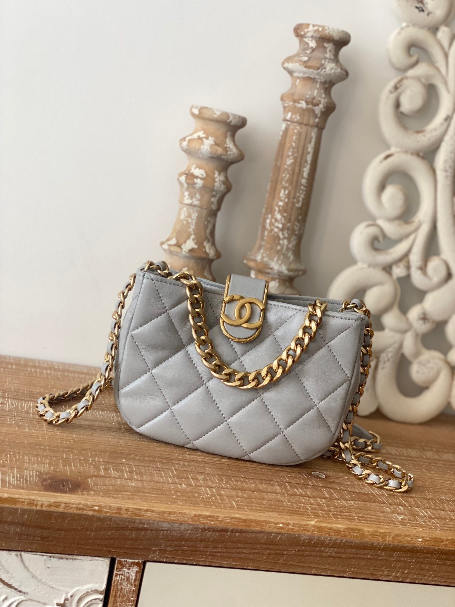 ChanelSmall Hobo Bag Gold Hardware Grey For Women, Women’s Handbags, Shoulder Bags 7.5in/19cm