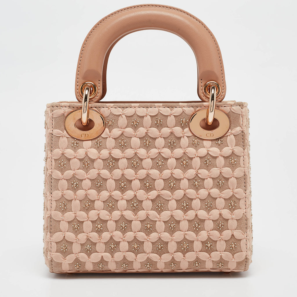 Dior Peach Leather And Suede Mini Beaded Ribbon Lady Dior Tote