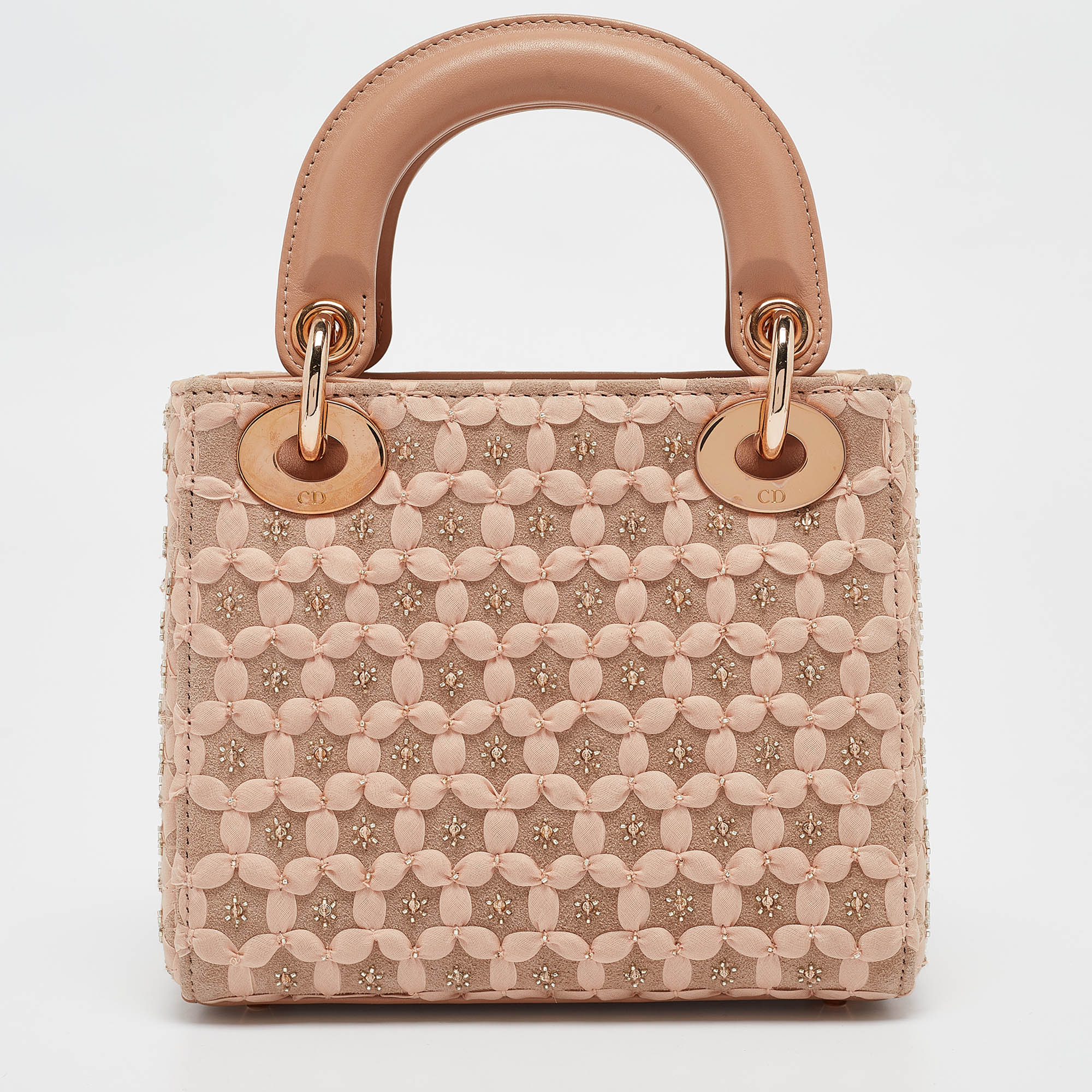 Dior Peach Leather And Suede Mini Beaded Ribbon Lady Dior Tote
