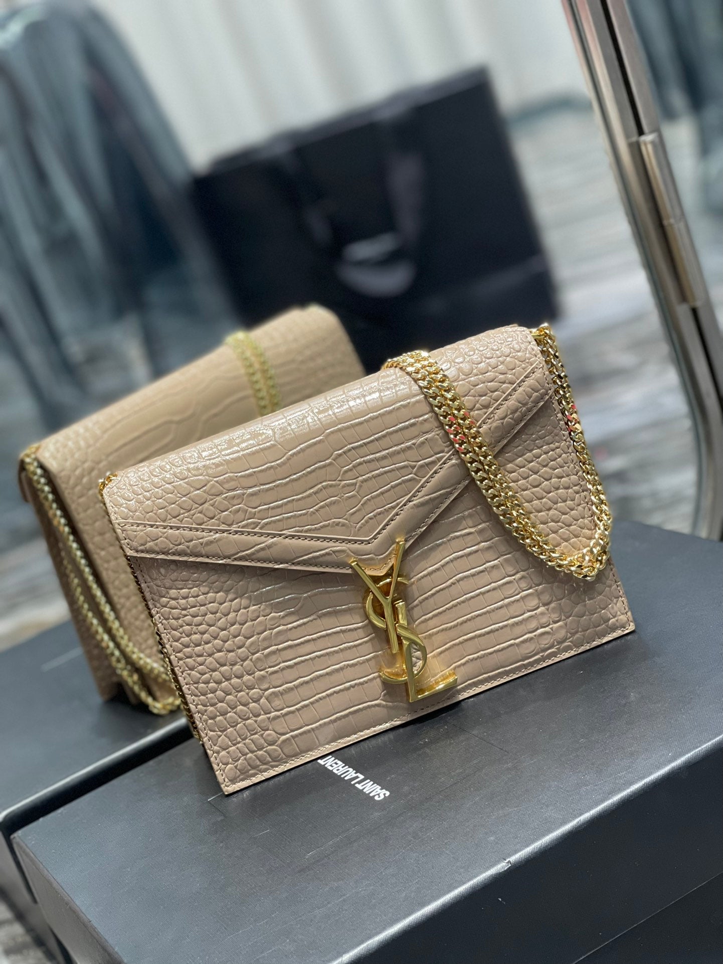 YSSL Cassandra Medium Chain Bag Dark Beige In Grain De Poudre Embossed For Women 8in/22cm YSL 532750DND0J2721