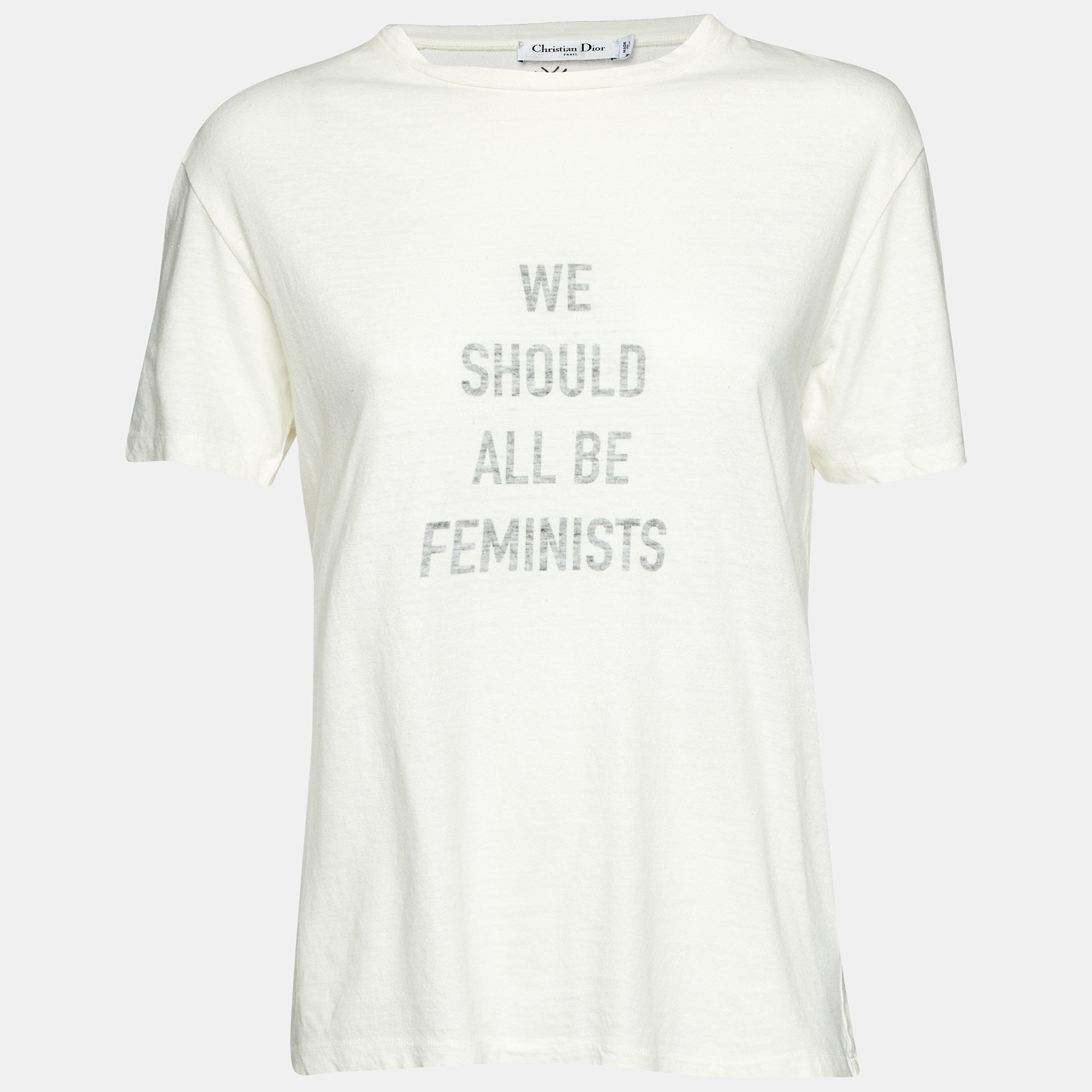 Dior Ivory Slogan Print Cotton & Linen Crew Neck T-Shirt
