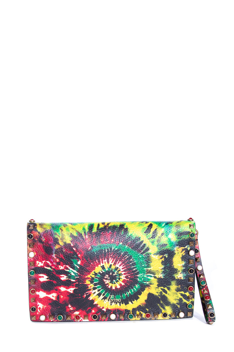 Valentino PeBurberryled Calfskin Tie-Dye Rockstud Rolling Wristlet Clutch