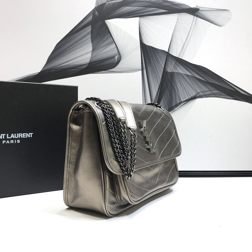 YSSL Niki Medium Chain Bag In Crinkled Â Silver For Women 11in/28cm YSLÂ 