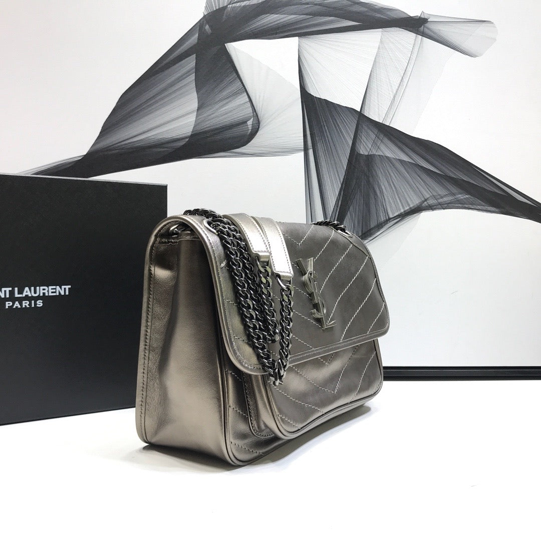 YSSL Niki Medium Chain Bag In Crinkled Â Silver For Women 11in/28cm YSLÂ 